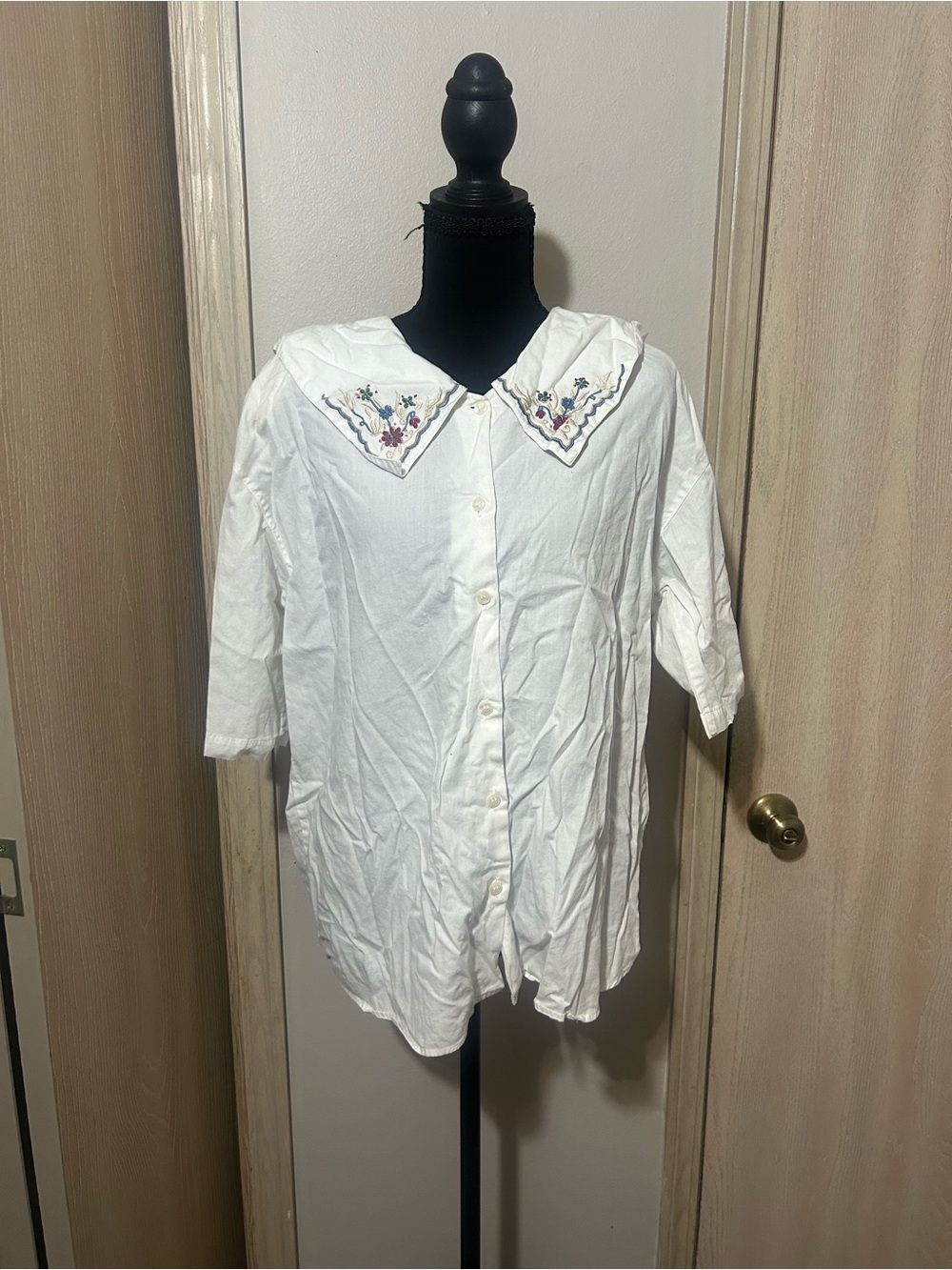White Embroidered Collar Button-Up Blouse